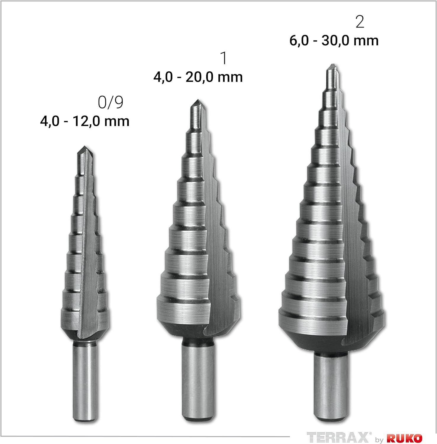 Набор из 3-х ступенчатых сверл 4-12/4-20/6-30 мм HSS Terrax by Ruko A101126RO - фото