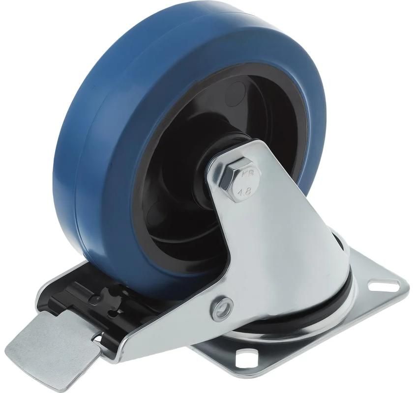 Колесо из синей резины с площадкой и тормозом, поворотное 125 мм SCLB 55 - фото
