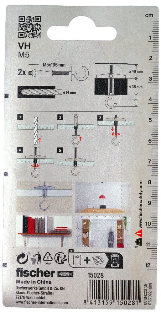 Дюбель самоустанавливающийся для листовых материалов VH M5 Fischer 015028, с круглым крюком, оцинкованная сталь, 2 шт в блистере - фото