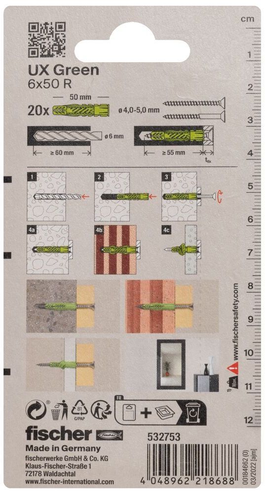Универсальный дюбель UX 6х50 R с кромкой Fischer 532753, зелёный нейлон, 20 шт в блистере - фото