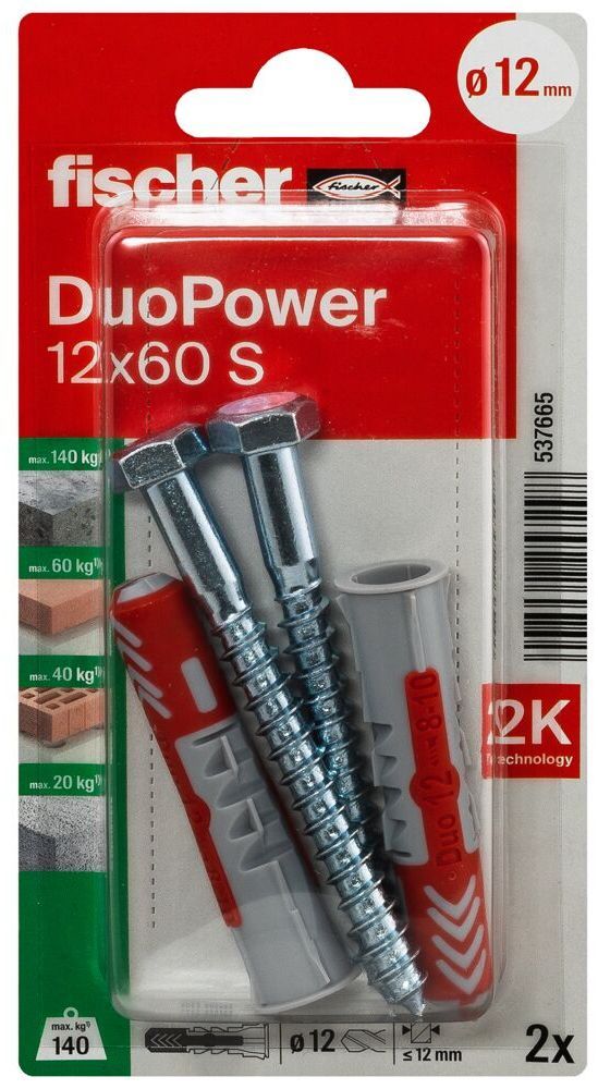 Дюбель 12x60 с винтом S Fischer DUOPOWER K NV 537665, нейлон, 2 штуки в блистере - фото