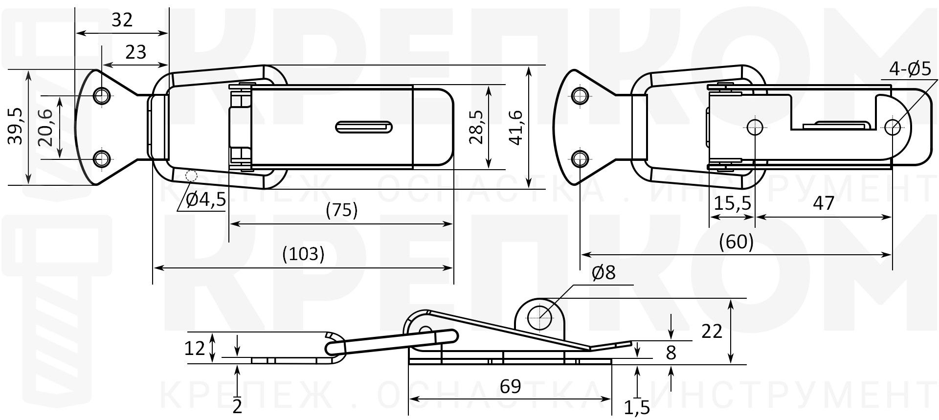 Замок-защелка с ушком L=103 B13C, нержавеющая сталь А2 - фото
