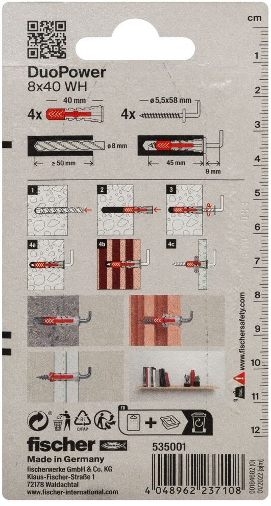 Дюбель 8х40 с угловым крюком WH Fischer DUOPOWER K NV 535001, нейлон, 4 штуки в блистере - фото