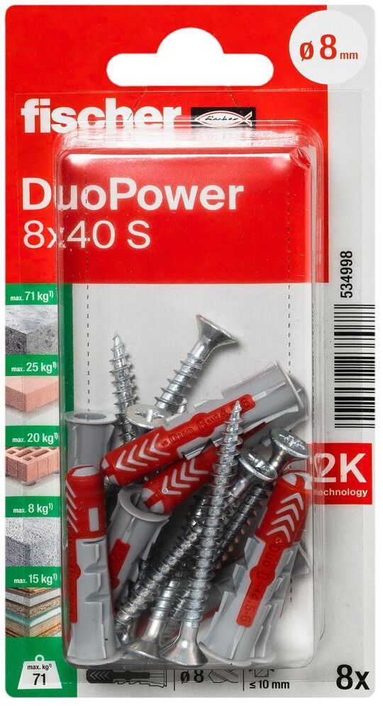 Дюбель 8x40 с шурупом S Fischer DUOPOWER K NV 534998, нейлон, 8 штук в блистере - фото