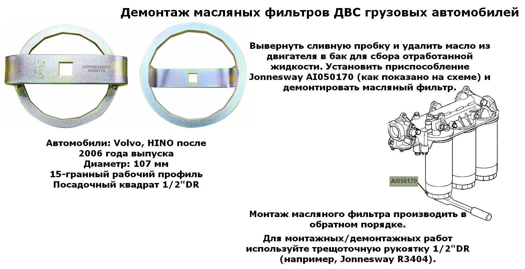 Ключ масляного фильтра 1/2"DR, 107 мм, 15 граней, для грузовых автомобилей VOLVO Jonnesway AI050170 - фото