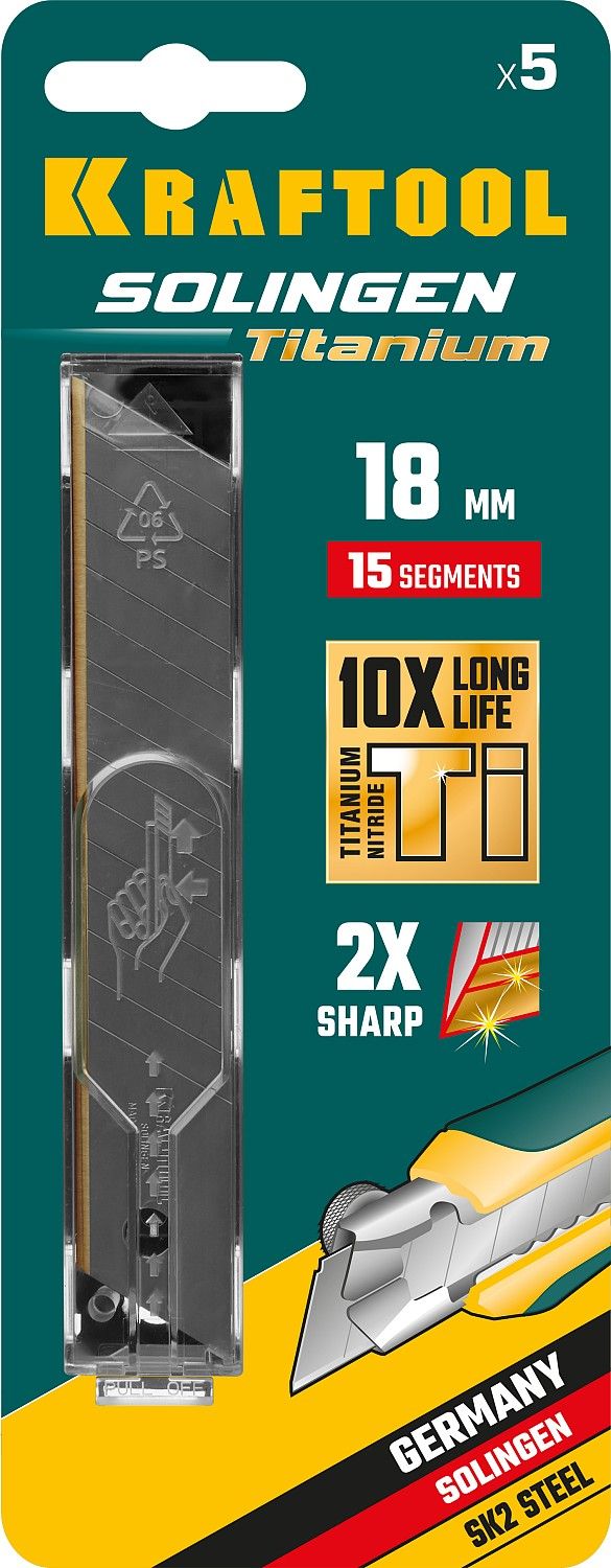 Лезвия сегментированные 18 мм 15 сегментов Solingen Titanium Kraftool 09606-TIN-18-S5, 5 шт - фото
