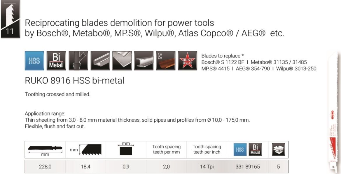 Полотно для сабельных пил по металлу 228 мм Ruko 33189165, биметалл, 5 шт - фото