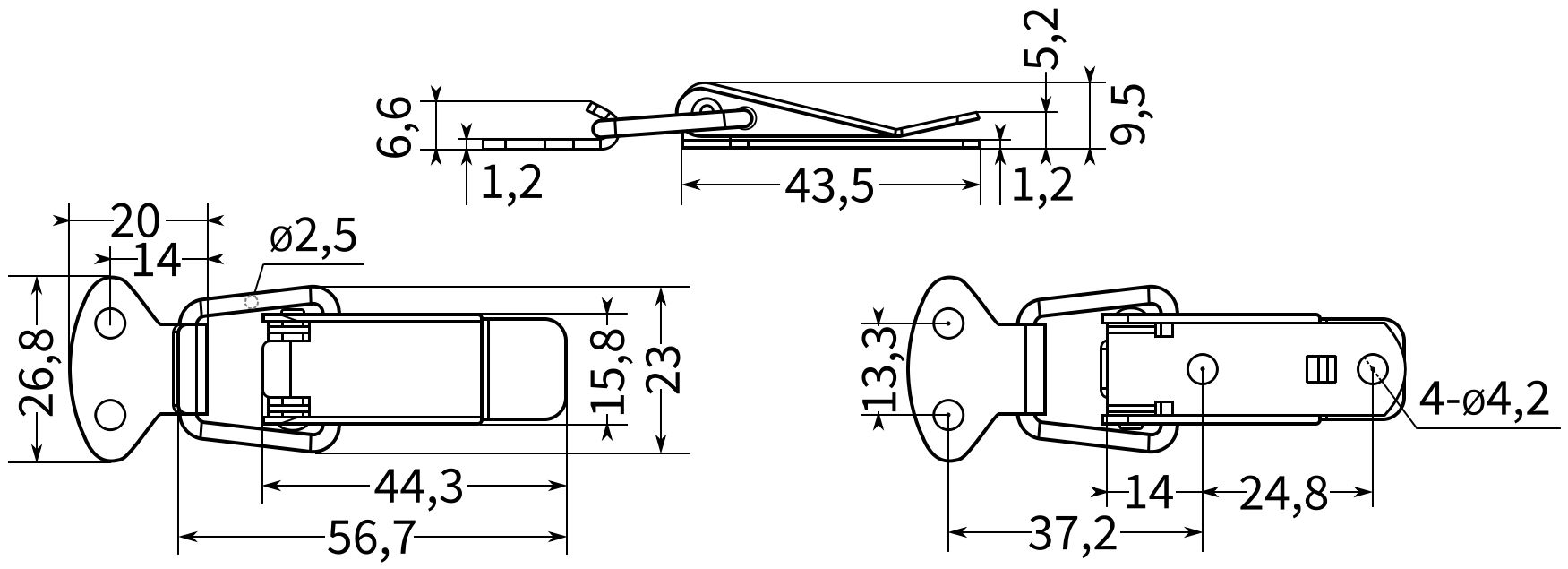 Замок-защелка лягушка L=57 B18, сталь никелированная (20 шт) - фото