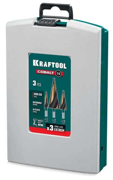 Набор сверл ступенчатых 4-32 мм, спиральная канавка M35 Cobalt Kraftool 29691-4-32-H3, 3 шт - фото