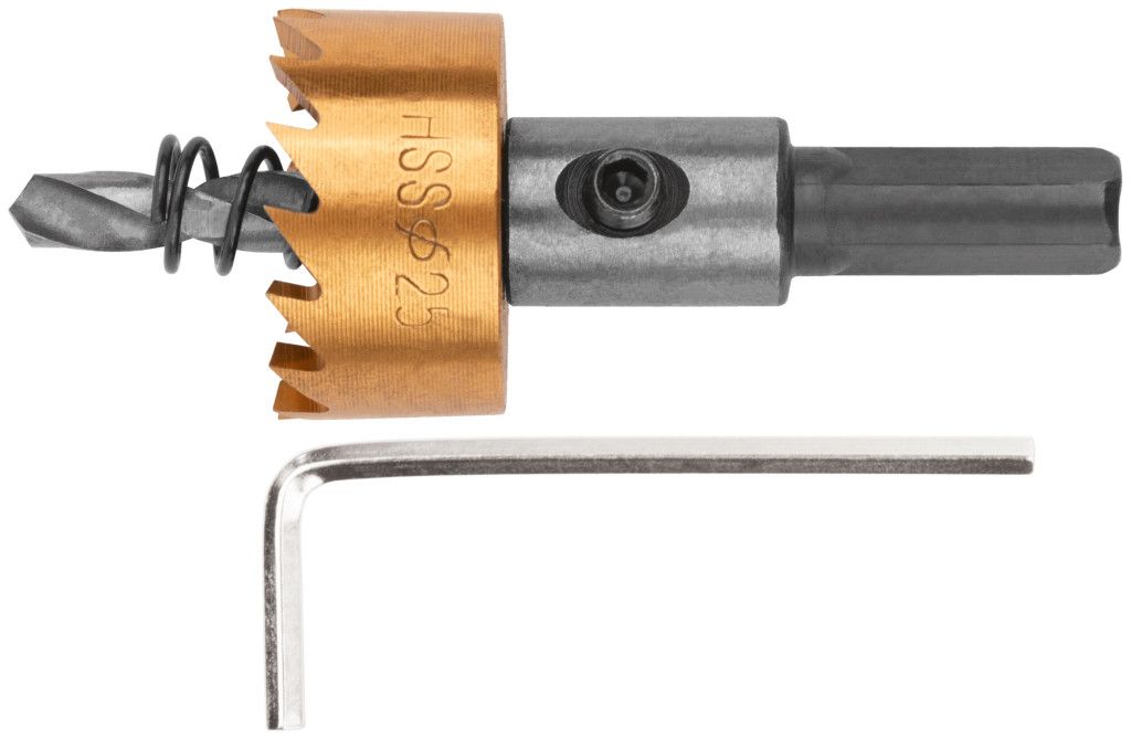 Коронка по металлу с центрирующим сверлом и пружиной 25 мм FIT 36864, HSS, титановое покрытие - фото