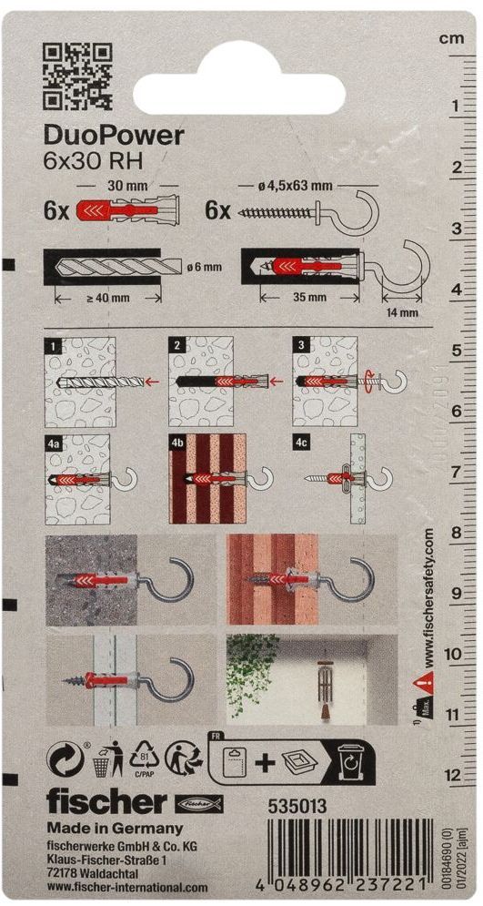 Дюбель 6х30 с круглым крюком RH Fischer DUOPOWER K NV 535013, нейлон, 6 штук в блистере - фото