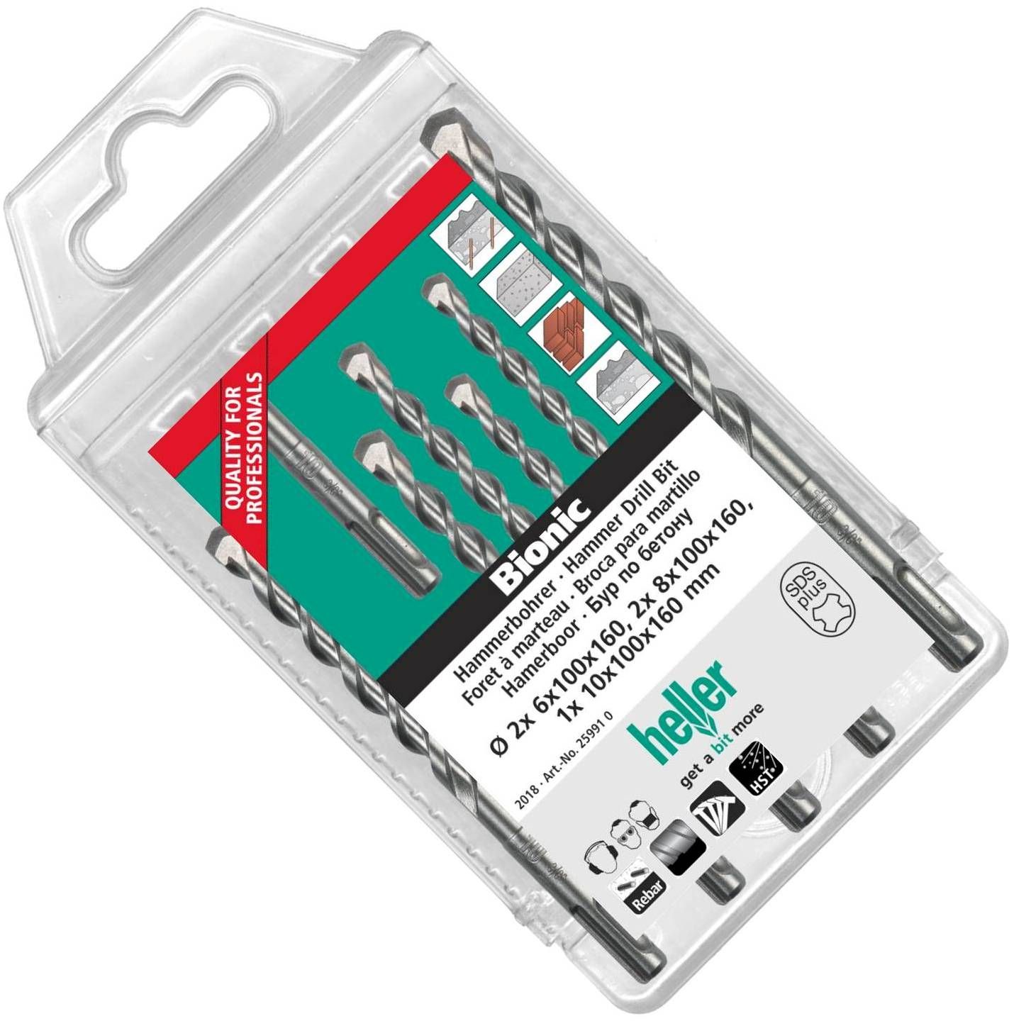 Набор буров SDS-Plus 6, 8, 10 мм длина 160/100 мм SDS-Plus Heller Bionic Pro 16895, 5 предметов - фото