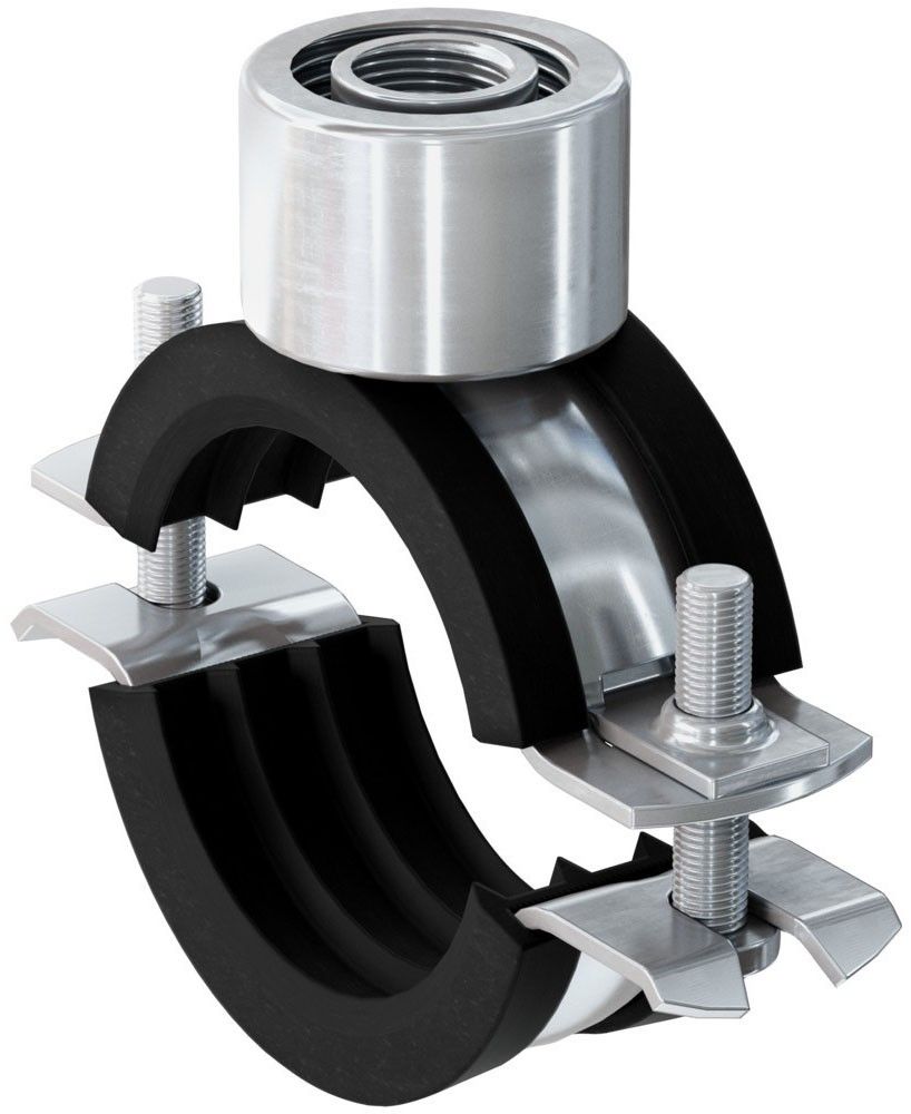 Хомут для труб 74-80 мм (2 1/2") с тройной соединительной гайкой М8/М10/1/2" Fischer FRS TRIPLE, оцинкованная сталь - фото