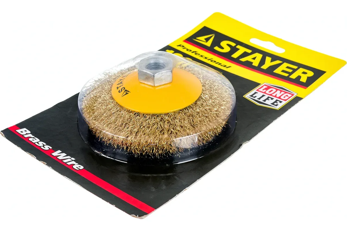 Щетка-крацовка коническая для УШМ, витая латунированная стальная проволока 0,3 мм Stayer Prof  - фото