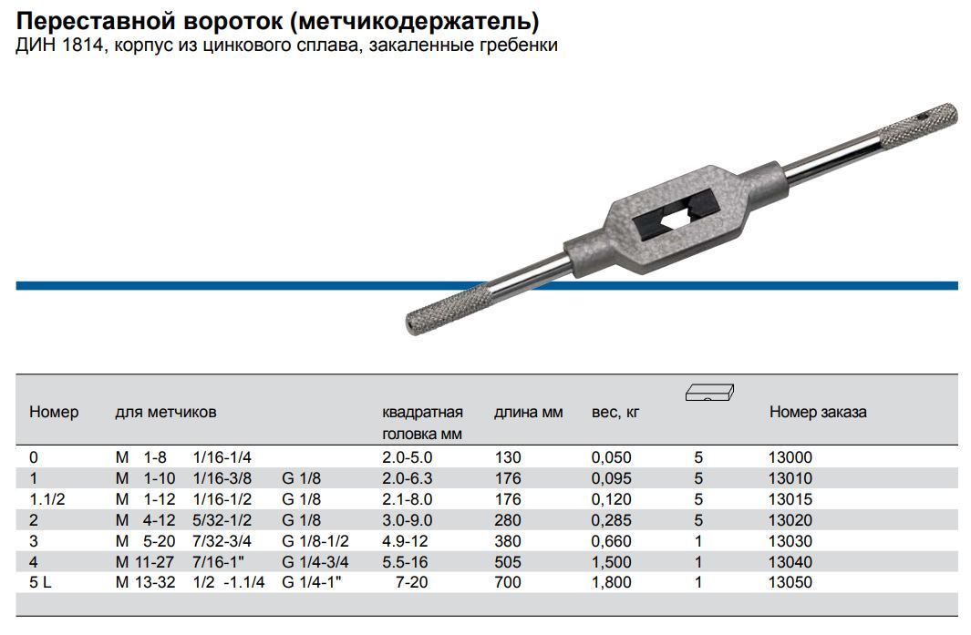 Вороток для метчиков №3 M5-M20, 4,9-12 мм, 380 мм DIN 1814, Volkel 13030 - фото