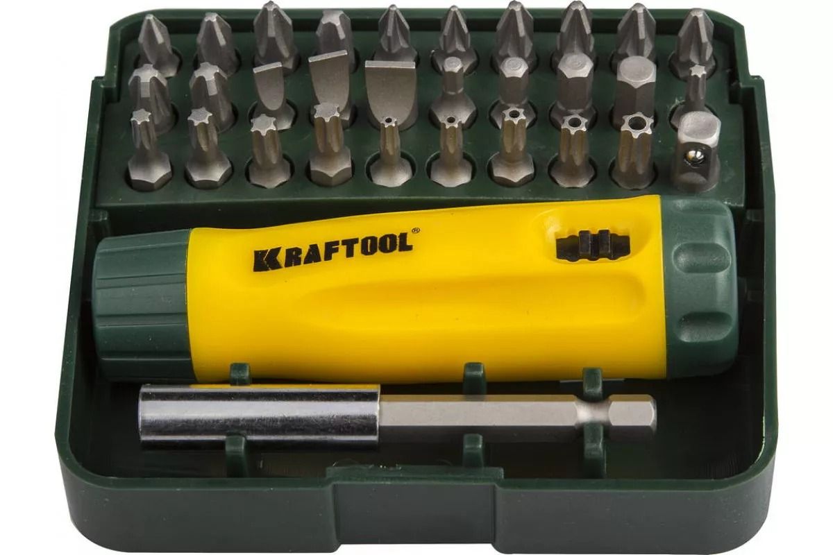 Отвертка реверсивная с насадками Kraftool Kompakt-32 26142-H32, 32 предмета в кейсе - фото