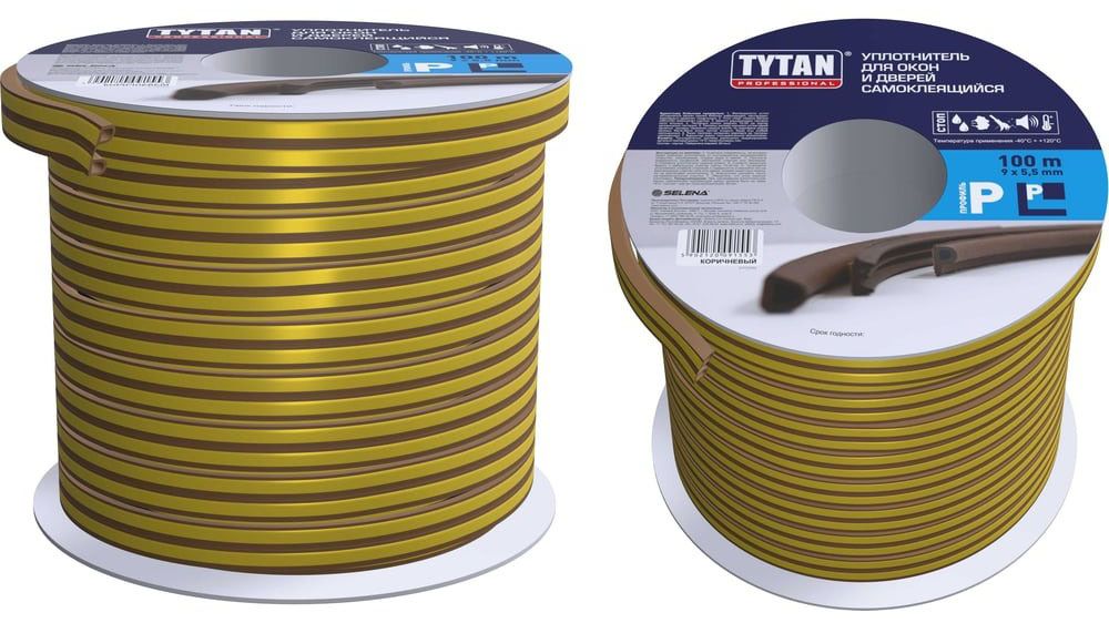 Уплотнитель самоклеящийся для окон и дверей 9х5,5 мм, 100 м P-профиль TYTAN Professional 91553, коричневый - фото