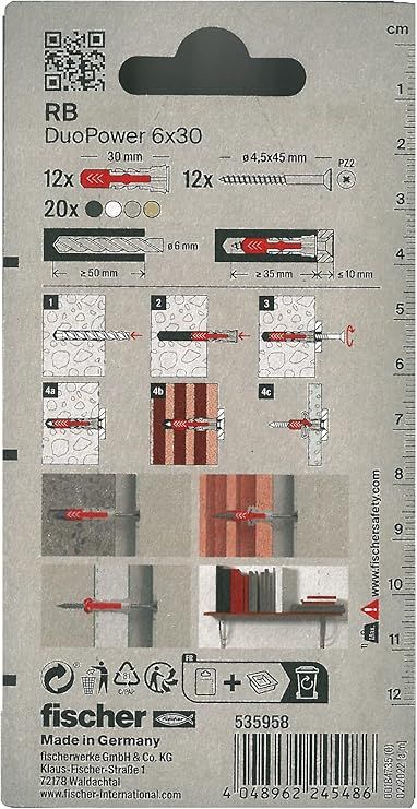 Дюбель 6х30 с шурупом Fischer DUOPOWER RB 535958, нейлон, 12 шт в блистер - фото
