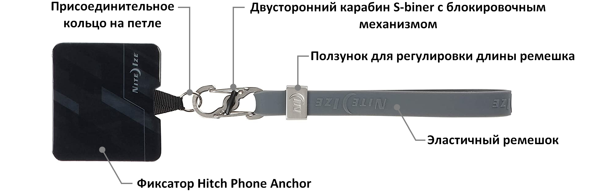 Крепление для телефона с карабином Nite Ize Hitch Phone Anchor + Stretch Strap HPSS-09-R7, серый - фото