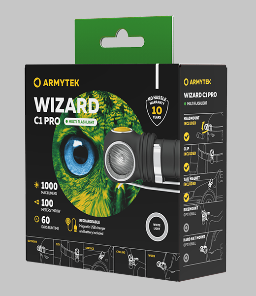 Мультифонарь светодиодный Armytek Wizard C1 Pro Magnet USB F09001C, 1000 люмен, белый свет - фото