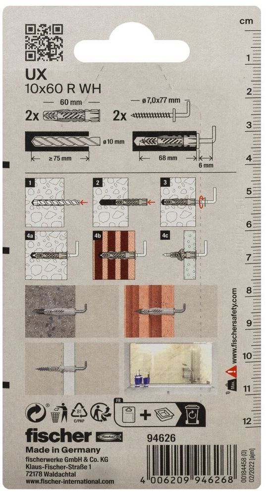 Дюбель UX 10х60 R с кромкой и саморезом с костылём WH K NV Fischer 94626, нейлон, 2 шт в блистере - фото