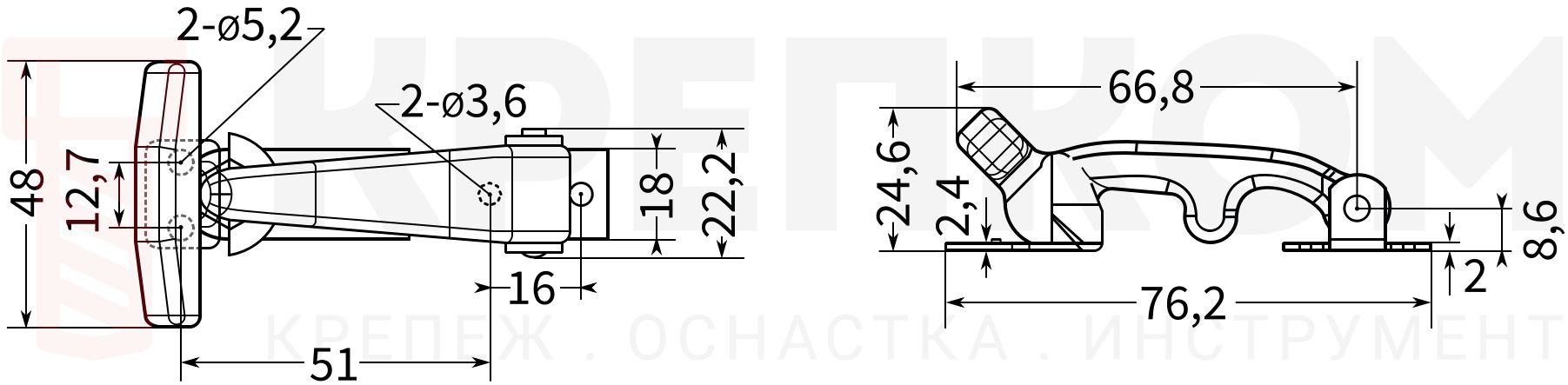 Защелка капота резиновая L=79 мм B237C-4 с креплением из нержавеющей стали - фото
