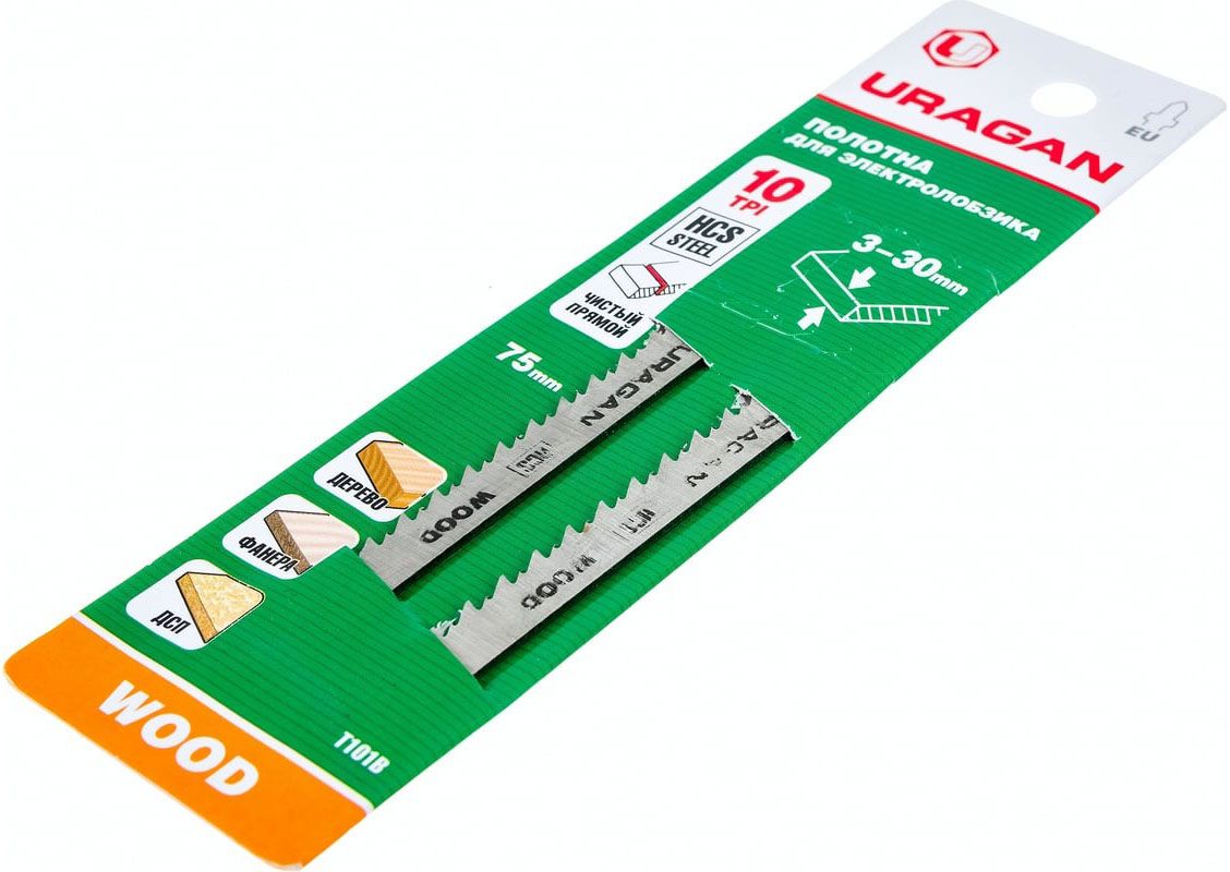 Полотна по дереву T101B для электролобзика 75х2,5 мм, Uragan 159472-2.5_z02, высокоуглеродистая сталь (HCS), 2 шт - фото
