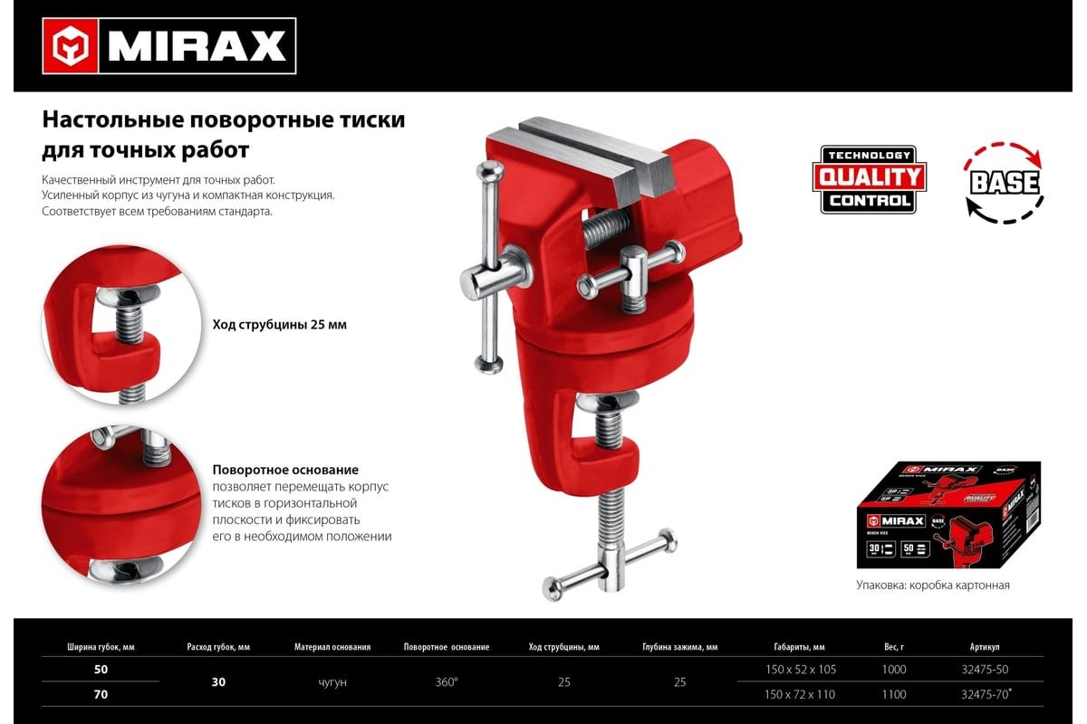 Тиски настольные поворотные ход 5 - 30 мм ширина губок 50 мм Mirax 32475-50, чугун - фото