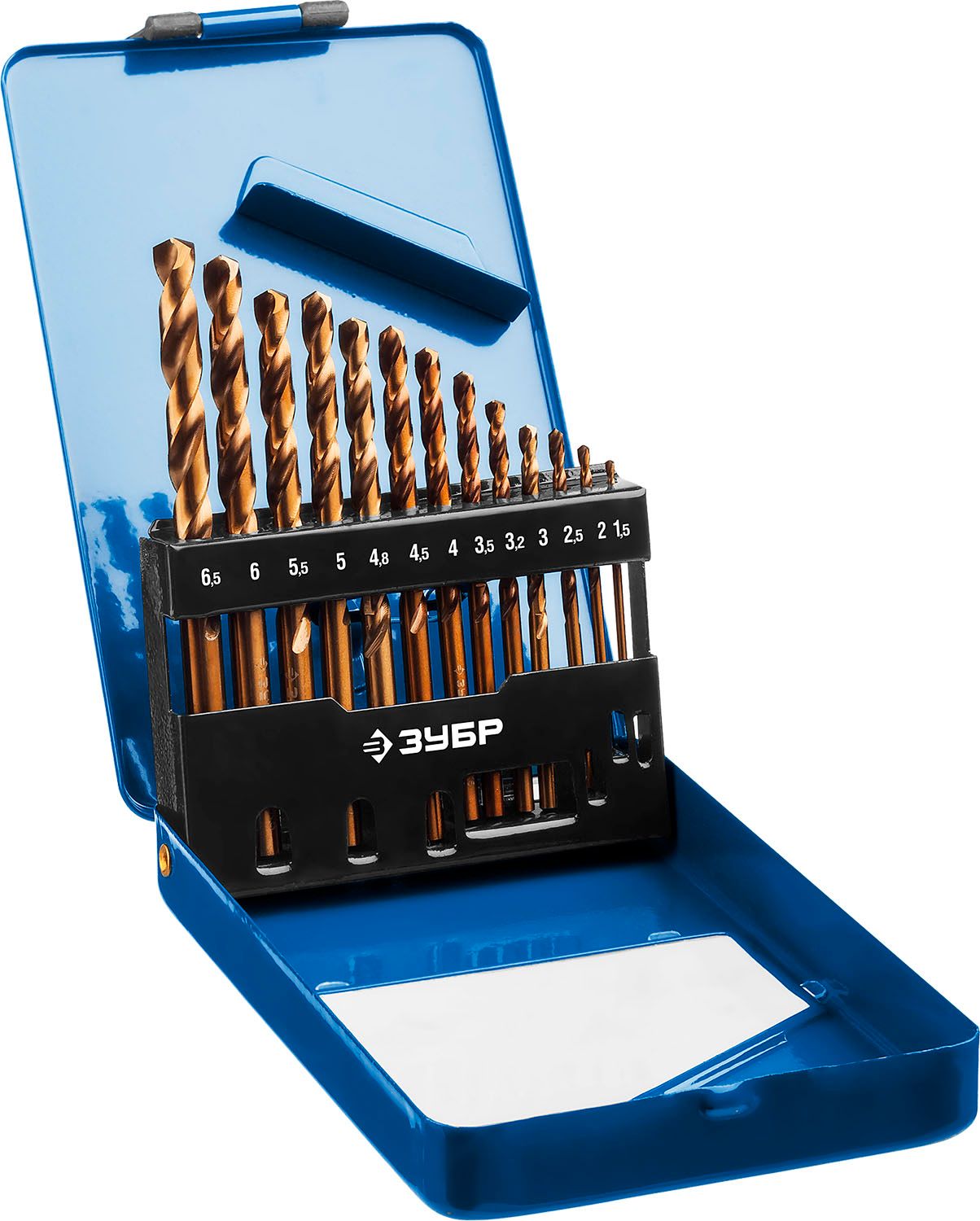 Набор сверл по металлу 1,5-6,5 мм Кобальт, класс А, ЗУБР 29626-H13, сталь Р6М5К5, 13 штук в металлическом боксе - фото