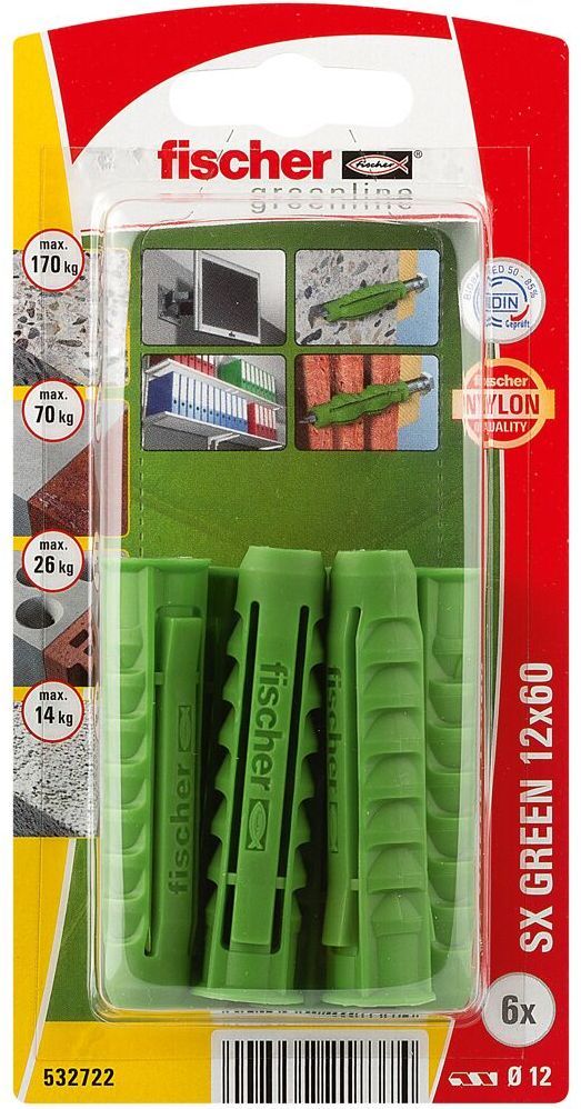 Дюбель SX Green 10x50 Fischer 532720 с кромкой, зелёный нейлон, 10 шт в блистере - фото