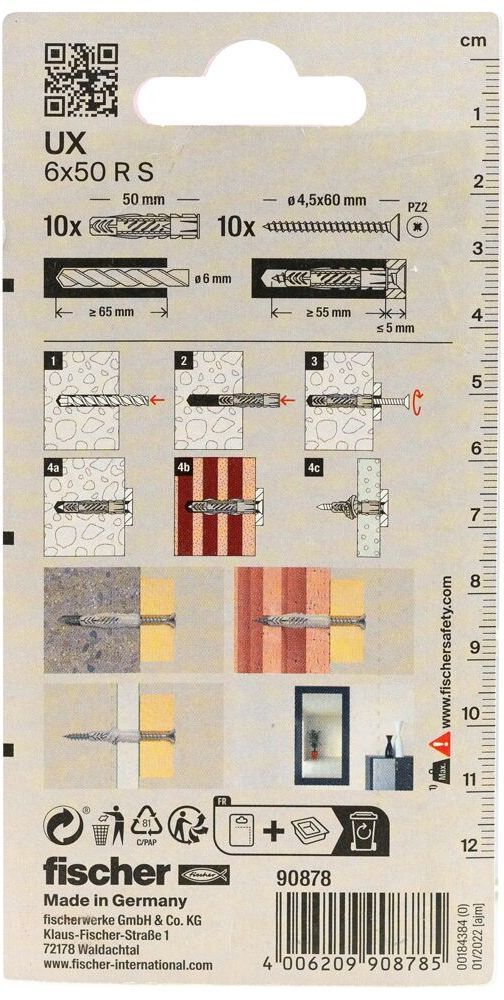 Универсальный дюбель UХR 6х50 S с кромкой и потайным шурупом Fischer 090878, нейлон, 10 шт в блистере  - фото