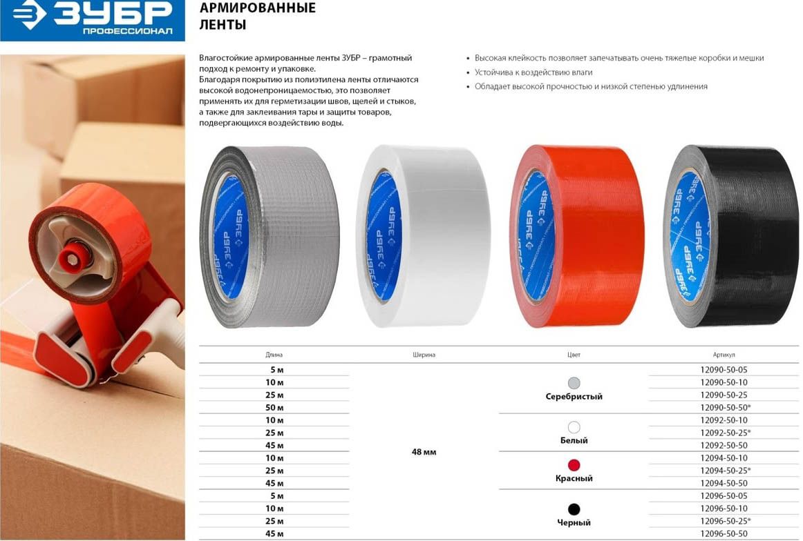 Лента клейкая влагостойкая армированная черная 48 мм ЗУБР - фото