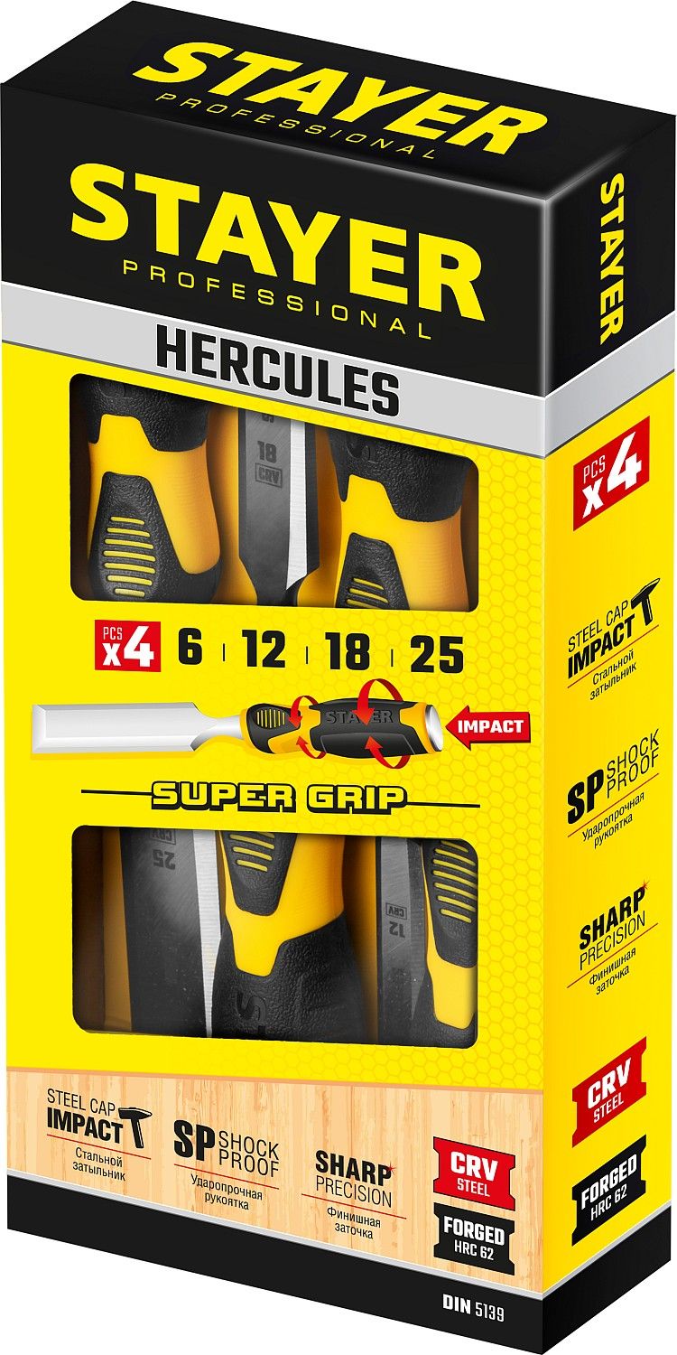 Набор стамесок-долот с двухкомпонентной рукояткой Stayer Hercules Professional 18205-H4, 4 шт - фото