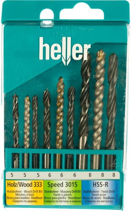 Набор свёрл комбинированный по дереву, камню и металлу Heller 17741, 9 предметов в кейсе - фото