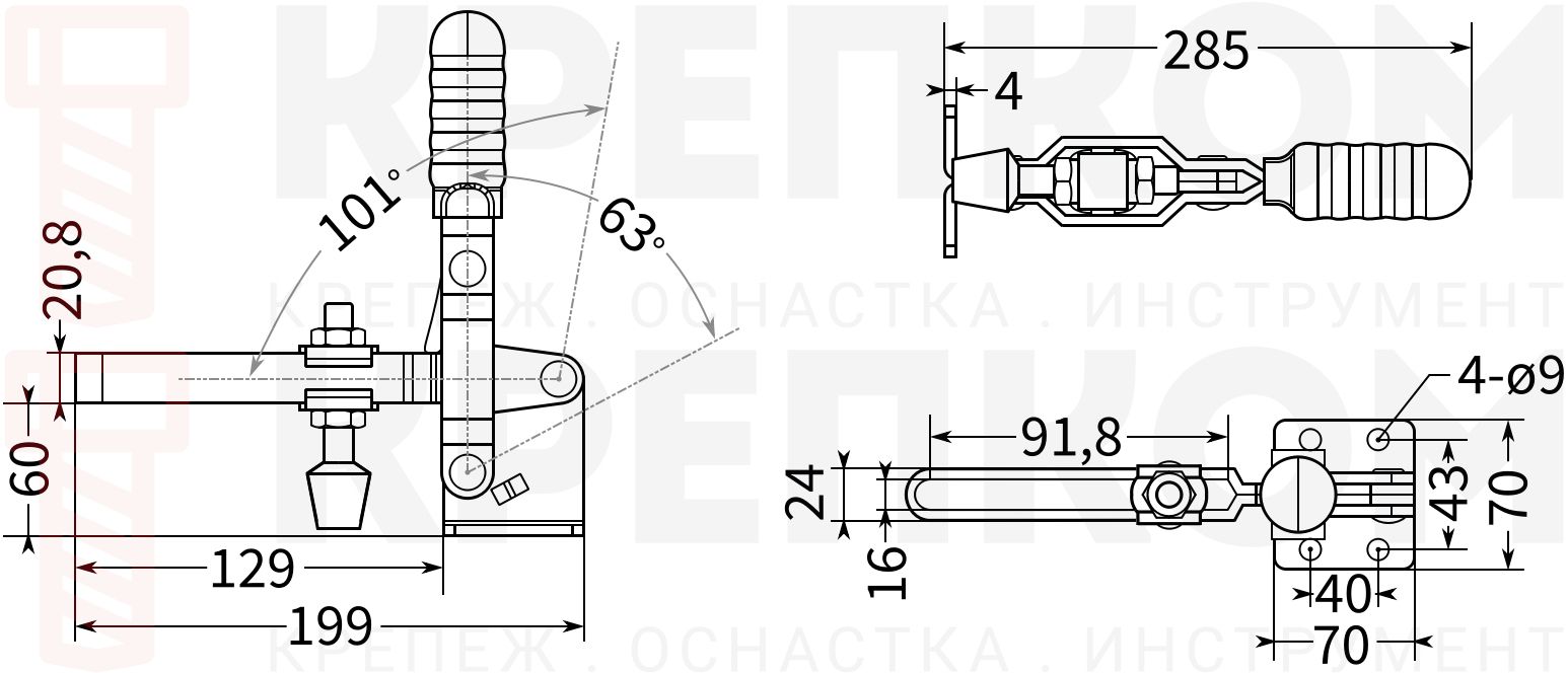 Прижим рычажный вертикальный L=199 мм, нагрузка 450 кг, HD-101H, оцинкованный - фото