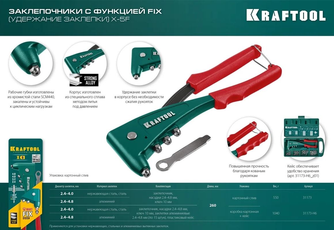 Заклепочник X-5F для вытяжных заклёпок с оснасткой 2,4 - 4,8 мм FIX Kraftool 31173-H6_z01, в кейсе - фото
