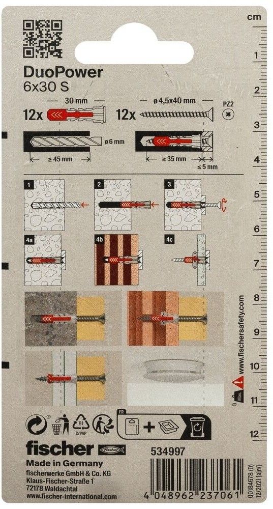 Дюбель 6х30 с шурупом S Fischer DUOPOWER K NV 534997, нейлон, 12 шт в блистере - фото