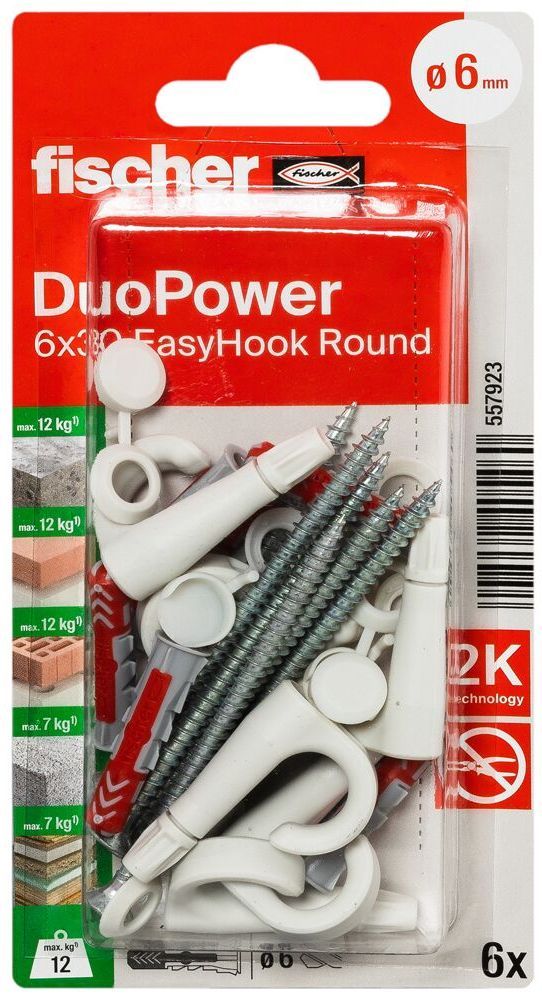 Дюбель 6х30 c винтом и круглым крюком EasyHook Fischer DUOPOWER 557923, нейлон, 6 шт в блистере - фото