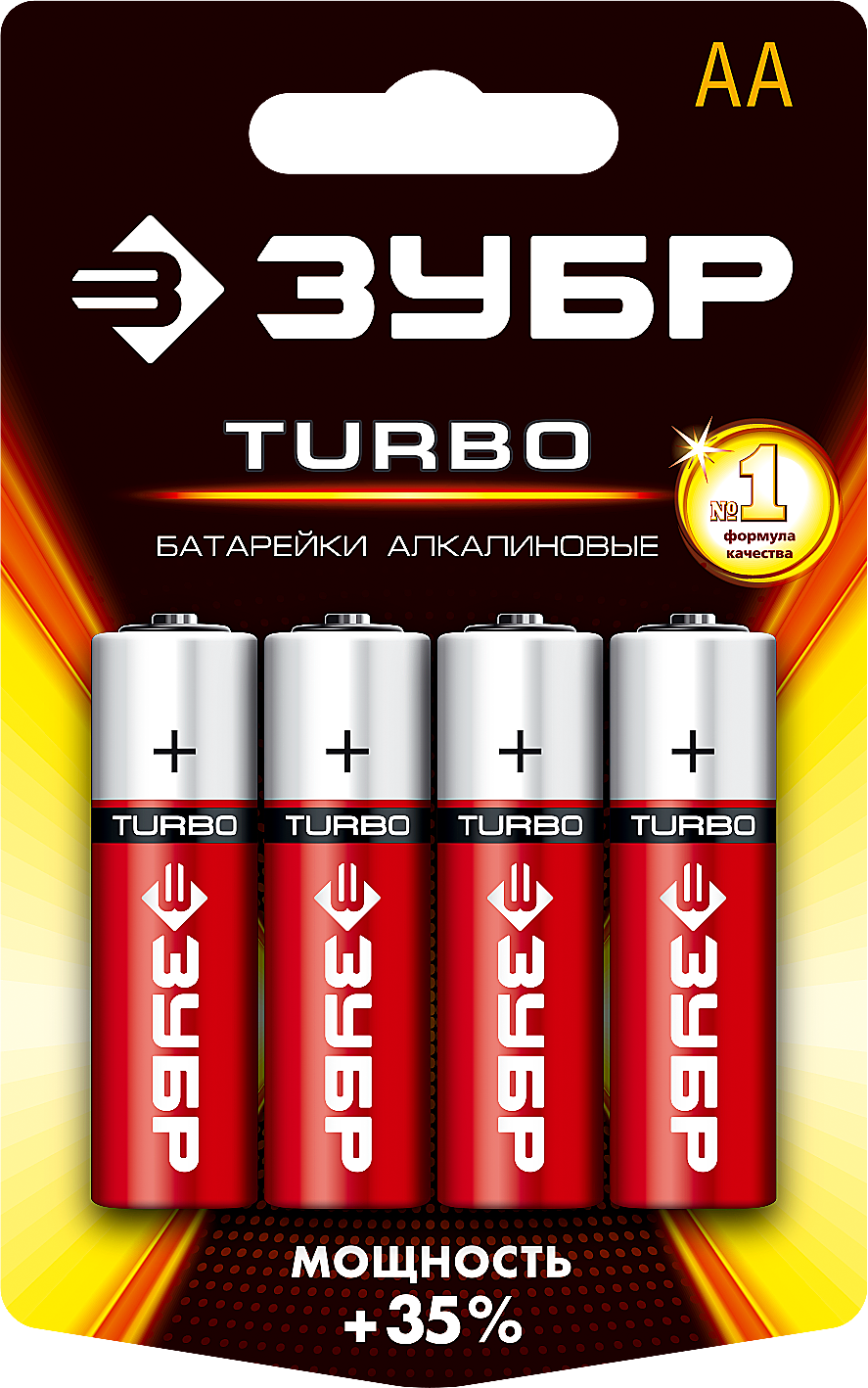 Батарейка пальчиковая щелочная тип AA 1,5 В ЗУБР Turbo 59213-4C, 4 шт - фото