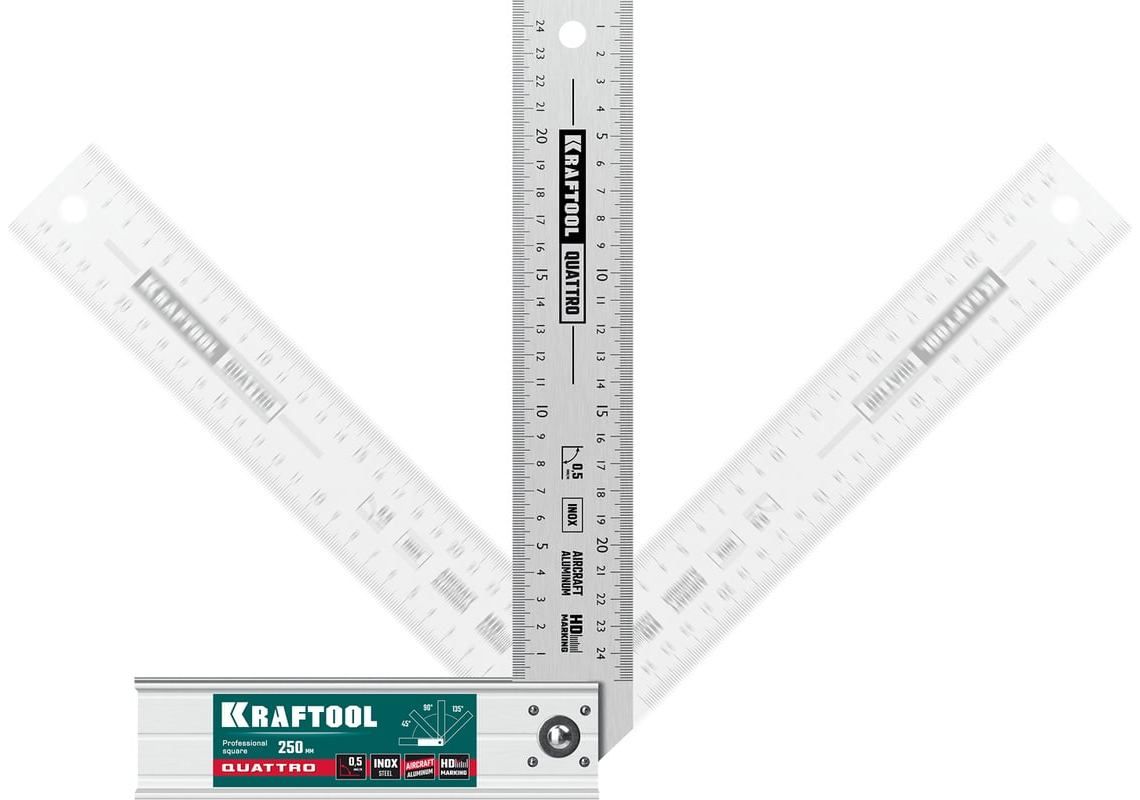 Угольник столярный 250 мм складной высокоточный Kraftool Quattro 3444, нержавеющая сталь, алюминий - фото