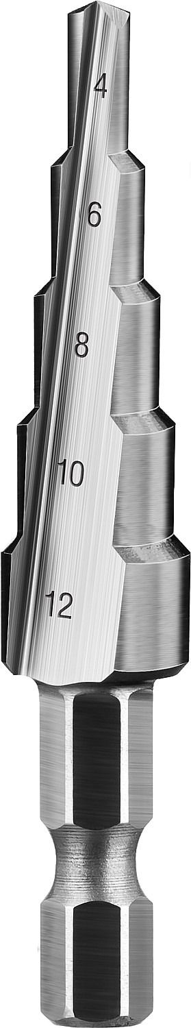 Сверло по металлу ступенчатое 4-12 мм, 5 ступеней, хвостовик шестигранный 1/4" ЗУБР 29670-4-12-5_z01, сталь Р6М5 - фото