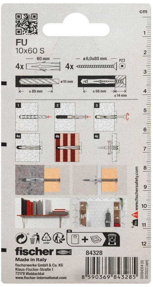 Универсальный дюбель FU 10x60 S с шурупом Fischer 084328, нейлон, 4 шт в блистере - фото
