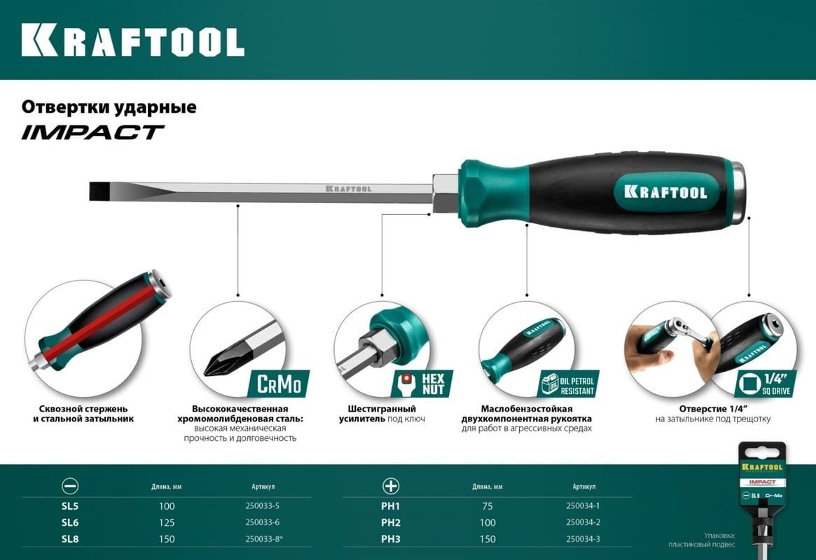 Отвертка ударная крестовая PH сквозной стержень Kraftool Impact, сталь Cr-Mo - фото