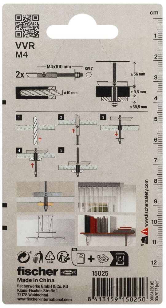 Дюбель самоустанавливающийся для пустотелых материалов VVR M4 Fischer 015025, оцинкованная сталь, 2 шт в блистере - фото