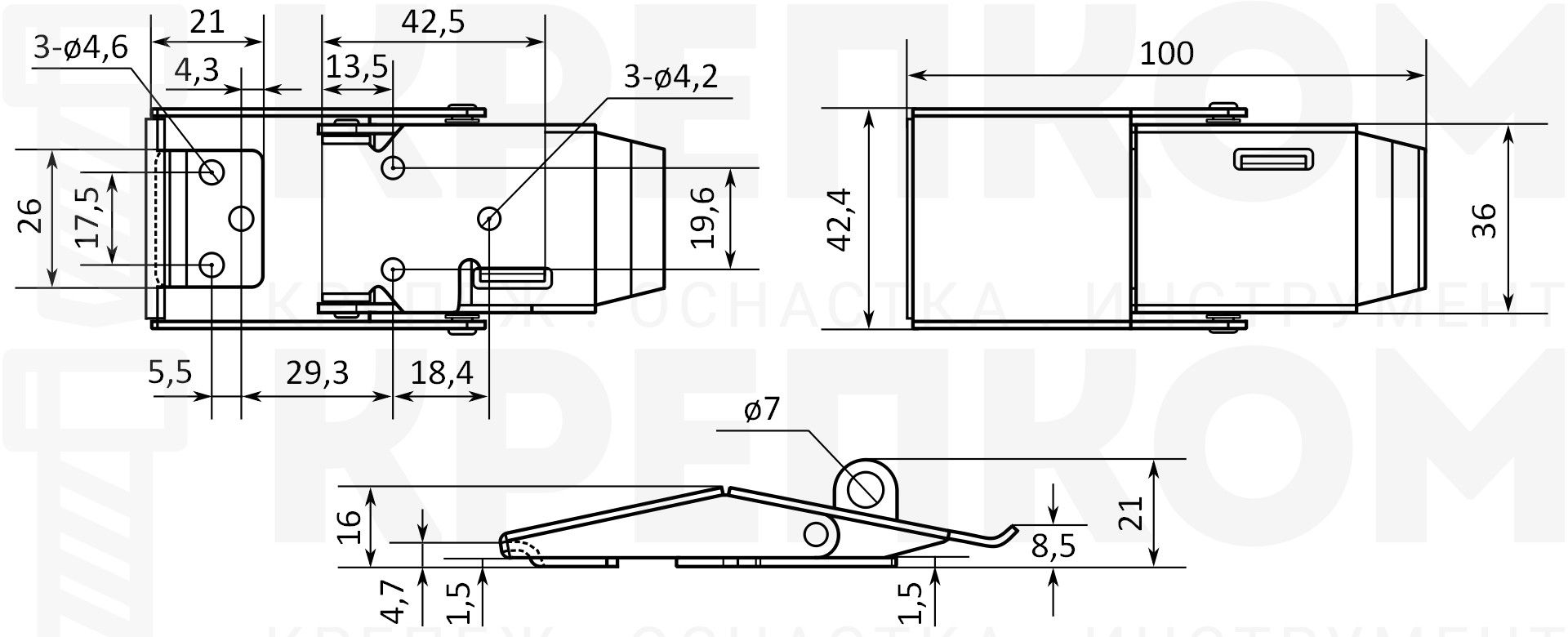 Замок-защелка лягушка с ушком L=100 B239, цинк - фото