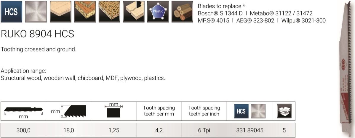 Полотно для сабельных пил по дереву 300 мм Ruko 33189045, сталь HCS, 5 шт - фото