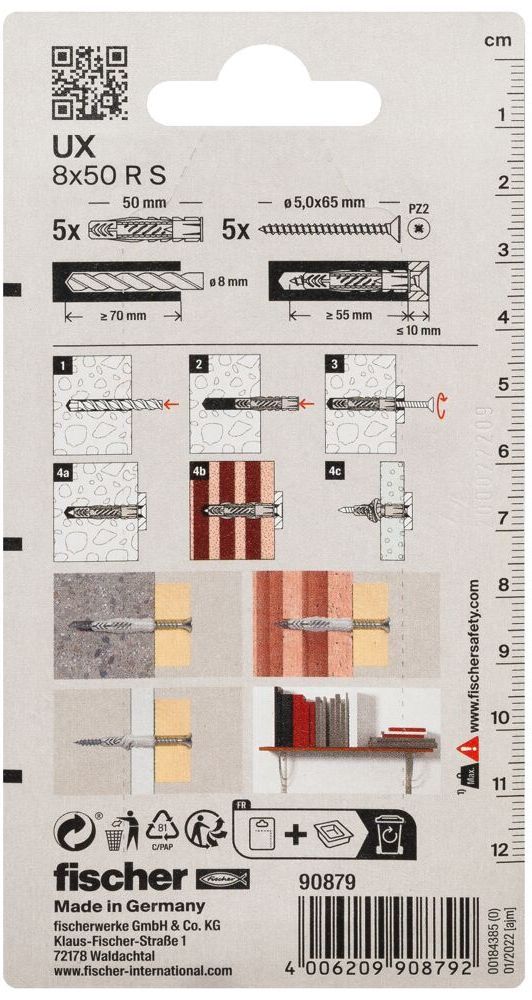 Универсальный дюбель UХR 8х50 S с кромкой и потайным шурупом Fischer 090879, нейлон, 5 шт в блистере - фото
