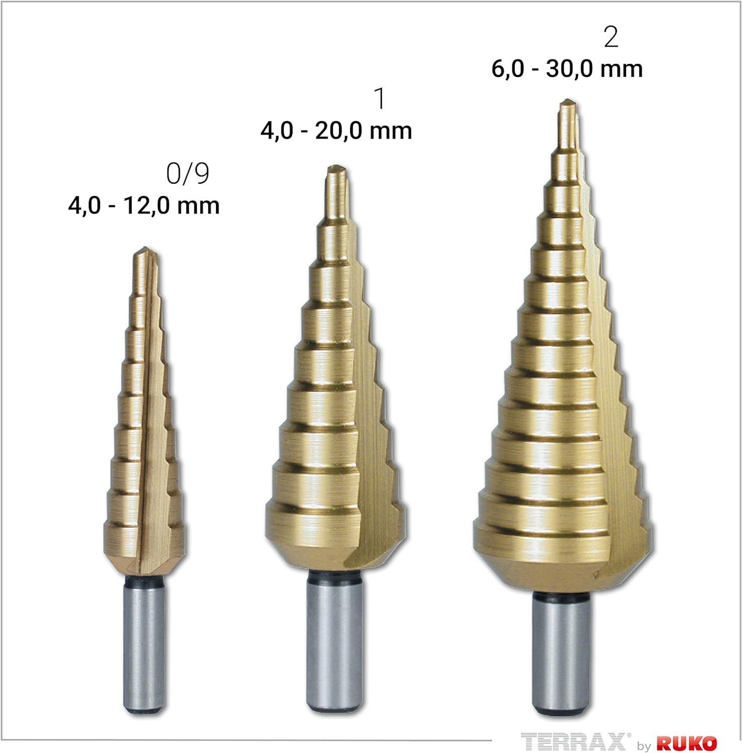 Набор из 3-х ступенчатых сверл 4-12/4-20/6-30 мм HSS-TiN Terrax by Ruko A101126TRO - фото