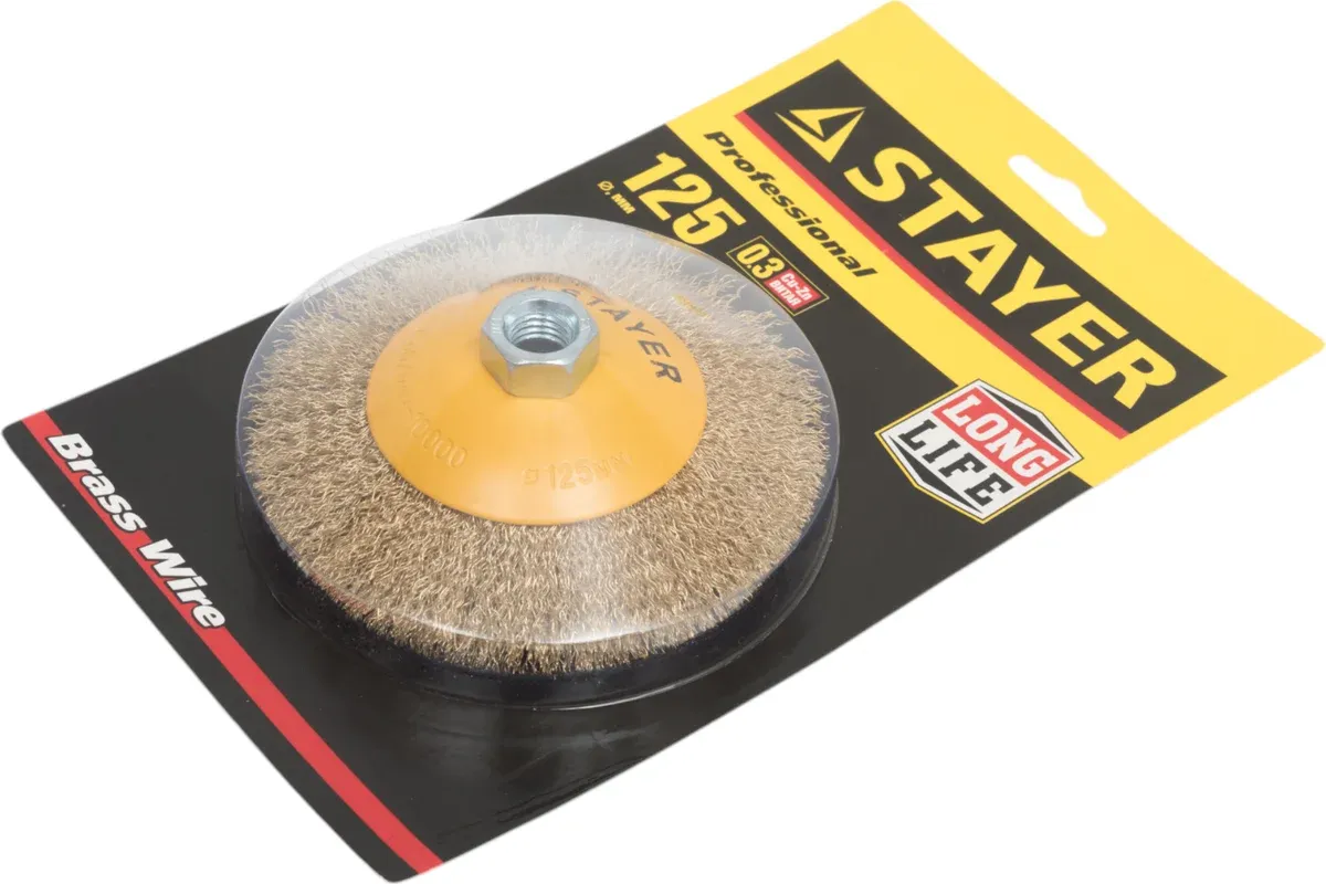 Щетка-крацовка коническая для УШМ, витая латунированная стальная проволока 0,3 мм Stayer Prof  - фото