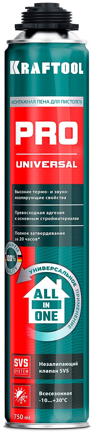 Изображение товара Пена монтажная пистолетная всесезонная, c выходом до 45 л, PRO Kraftool, 750 мл
